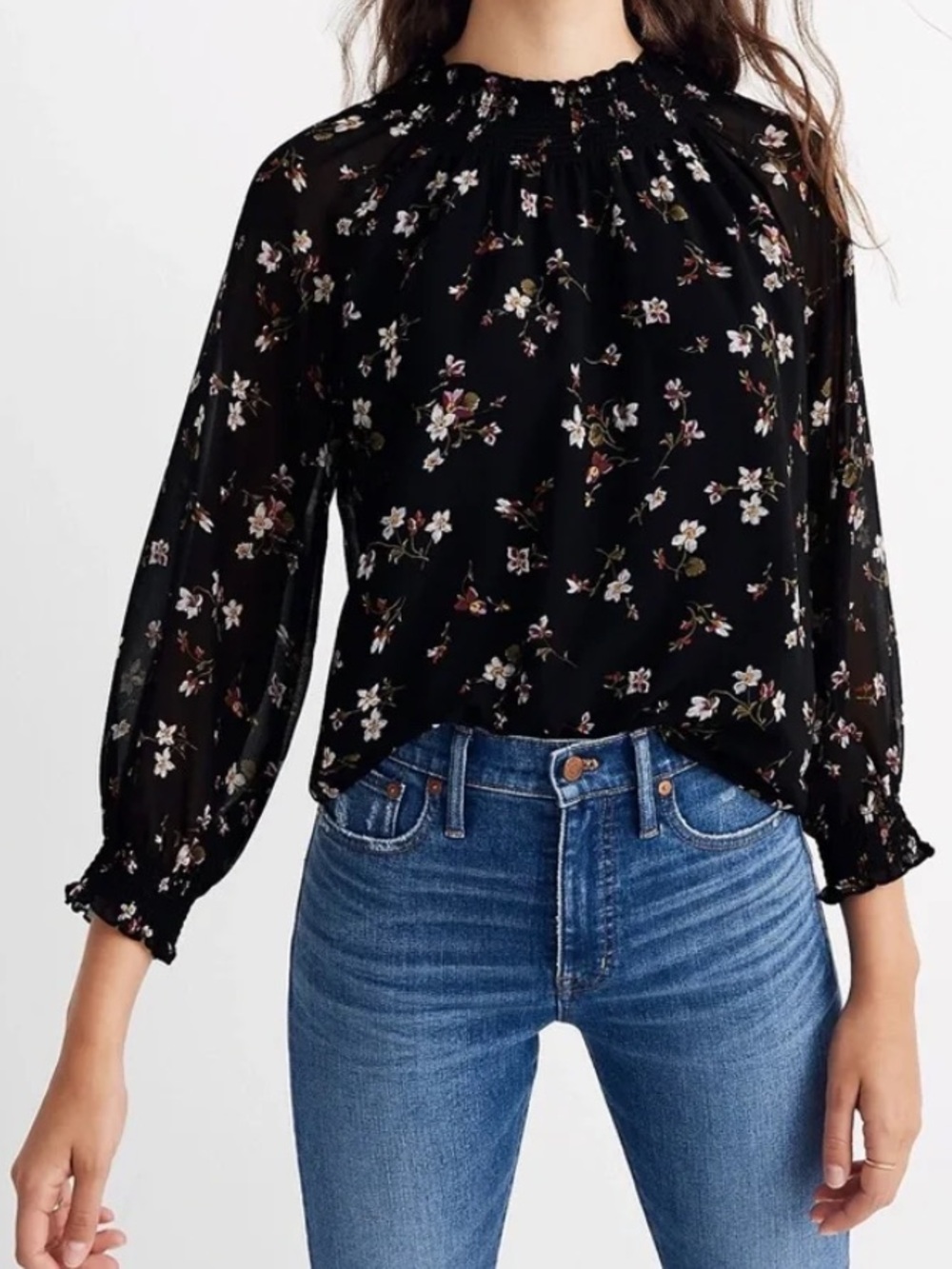 Madewell | Women’s Black Floral ‘Backyard Blooms’ Smocked Mock Neck Top Size M